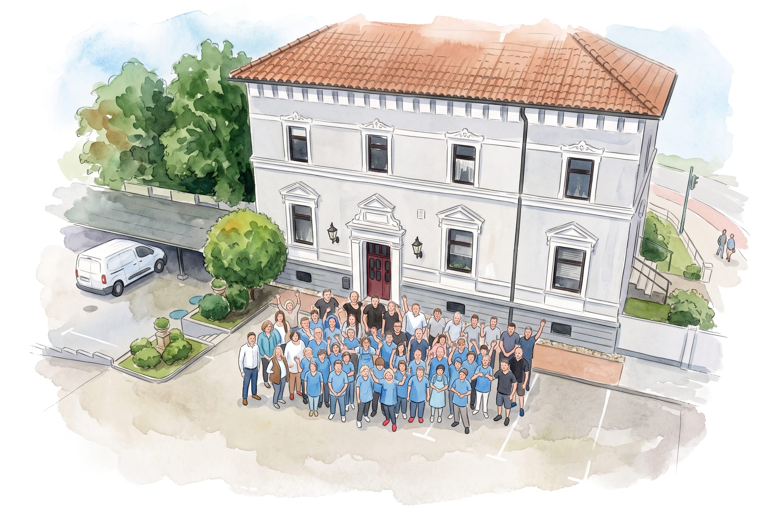 Team der Gebäudereinigung Scheibler vor dem Firmensitz